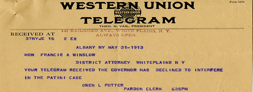 Telegram from Patini murder case, 1911