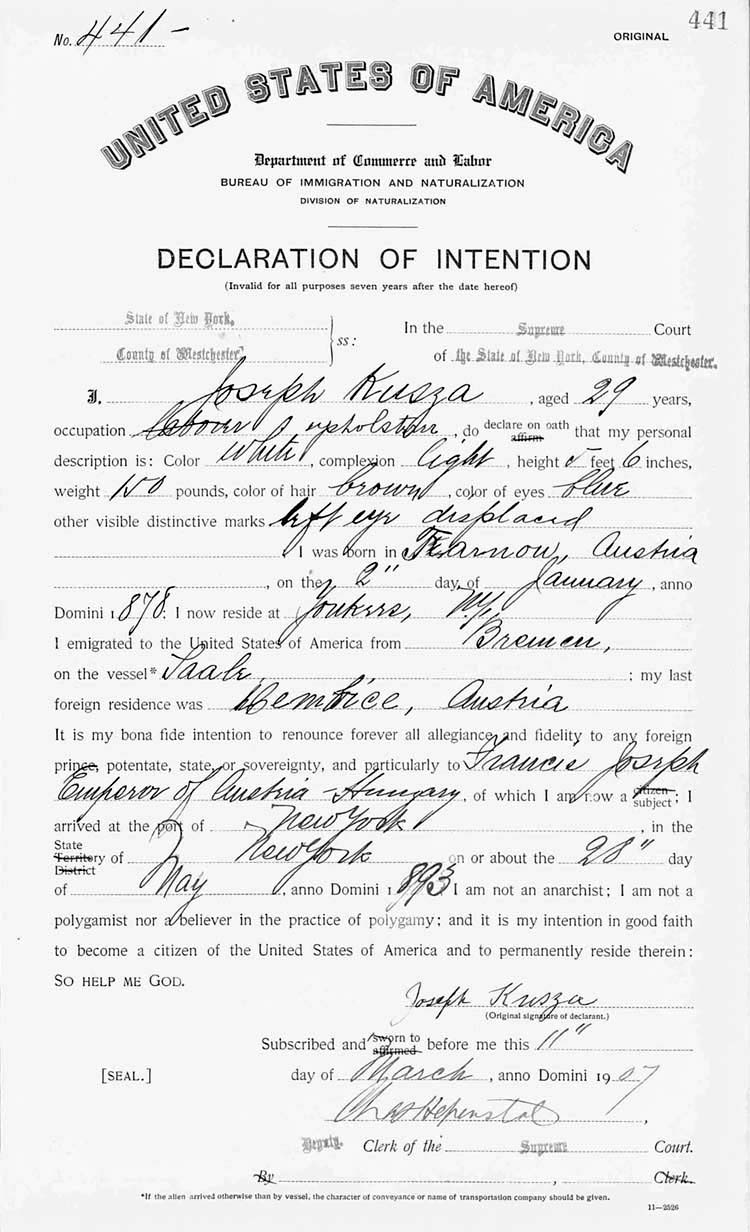 Sample Declaration of Intention, 1907