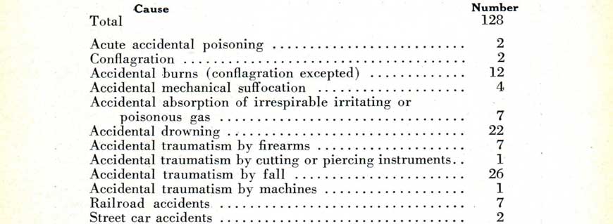 Causes of accidental death in Westchester County in 1931.  Source:  Series 197, Health Department Annual Reports, 1930-1982 (gaps), Westchester County Department of Health Annual Report, 1931, A-0272 (1)F, folder 2, page 17
