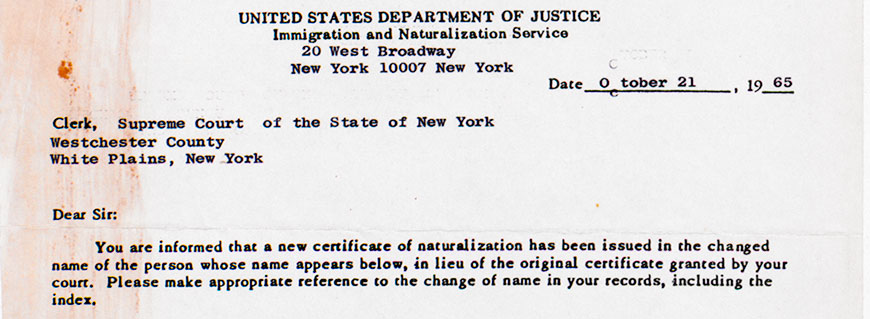 Portion of a letter confirming a name change for a petition, 1963. Series 11, Naturalization Petitions, A-0019 (64), doc 17836